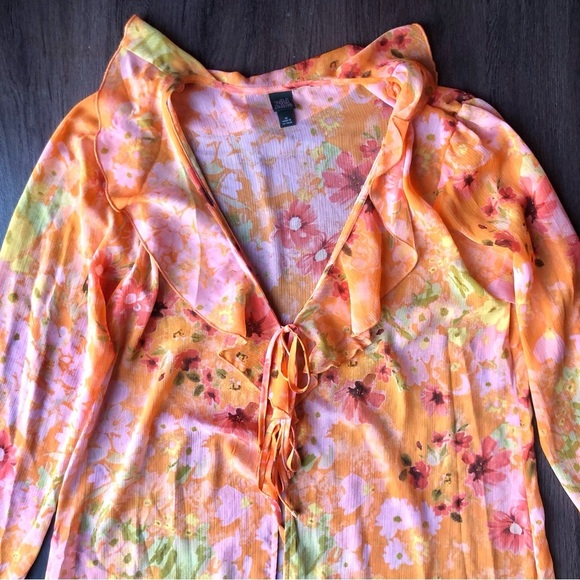 Wild Fable Sheer Orange Floral Duster Size Medium Retro 60s 70s Kimono Cover Up - Picture 3 of 7